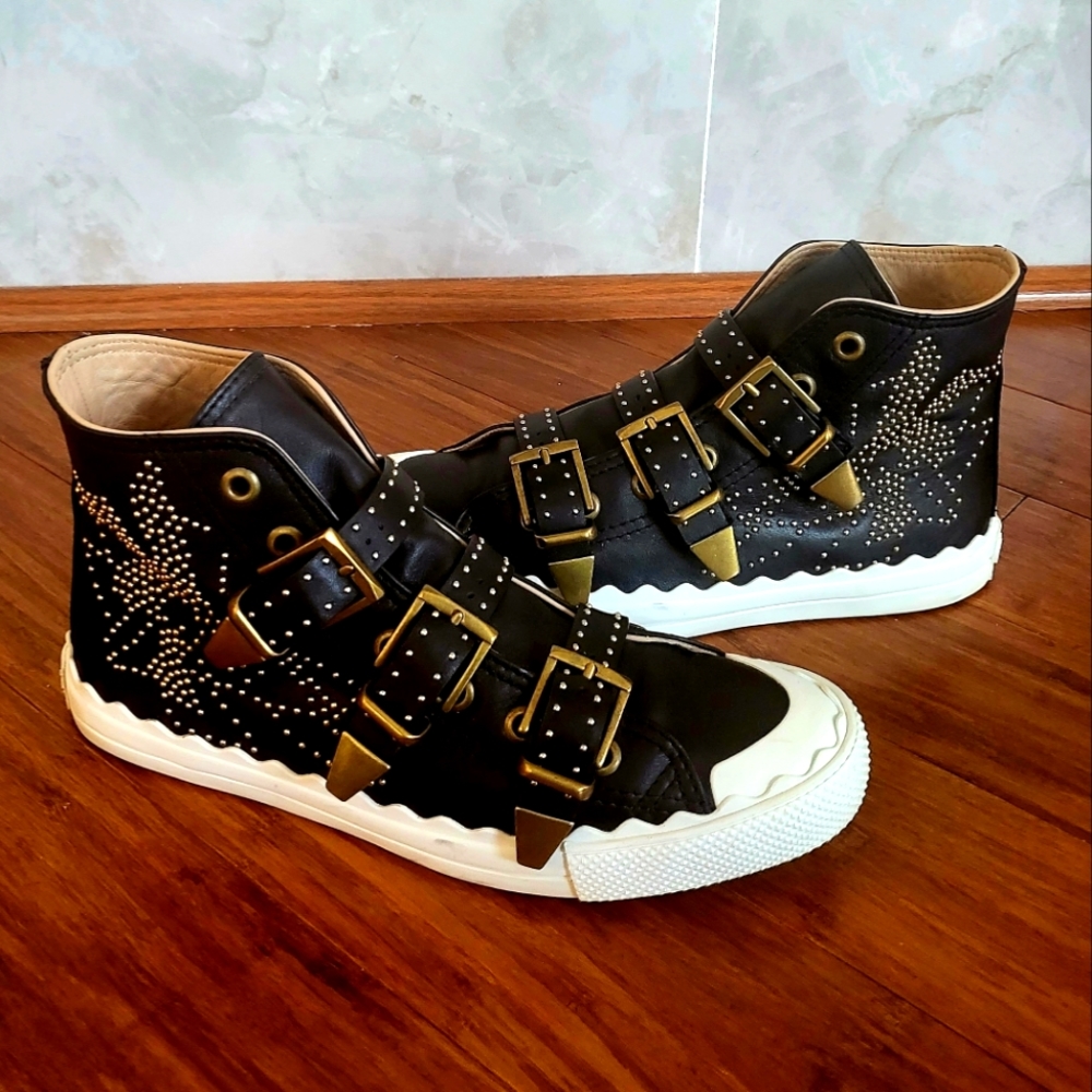 Chloe Black Studded Leather Kyle Buckle Detail High Top Sneakers Size 40